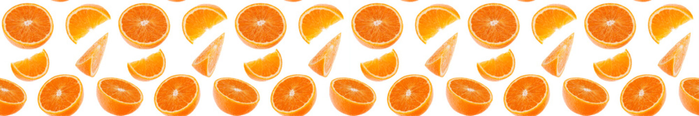 Orange fruit seamless pattern. Orange segments isolated on white background. Food background.