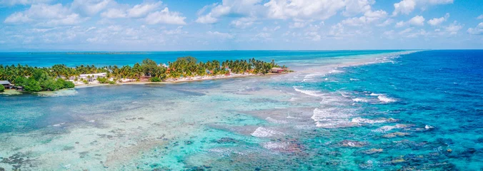 Fototapeten Aerial Drone view of South Water Caye tropical island in Belize barrier reef. A typical Caribbean island with turquoise water © Duarte