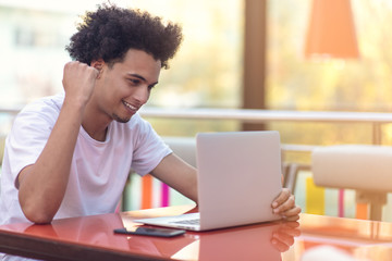 Victorious handsome man looking at his laptop while sitting in bright living room