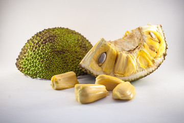 Ripe Jackfruit isolated with jackfruit pods on white background