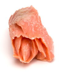 smoked salmon segments isolated on white background cutout. Prepared fish fillet fibres.