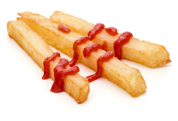 French Fried Potatoes with ketchup isolated on white background