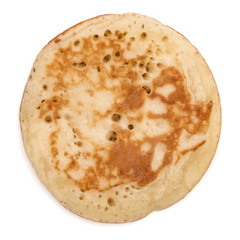 One pancake isolated on white background cutout. Top view.