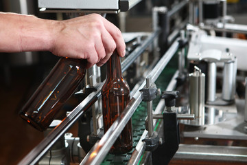 Fototapeta na wymiar Hand worker puts an empty beer bottle on the conveyor of the plant for the production of beer. Only the bottle is in focus. Man's hand close-up.The concept of production.