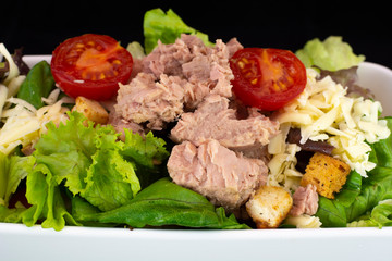 Tuna fish salad with cheese and fresh vegetables with isolated black background