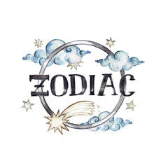 Zodiac - Writing on white background. Watercolor Illustration