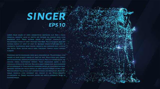 The singer of the blue glowing dots. The girl with the microphone from particles. Vector illustration.
