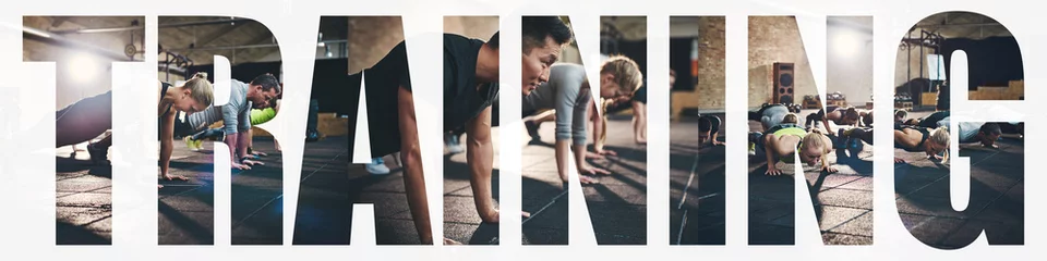 Fototapete Collage of people doing pushups while training in a gym © Flamingo Images