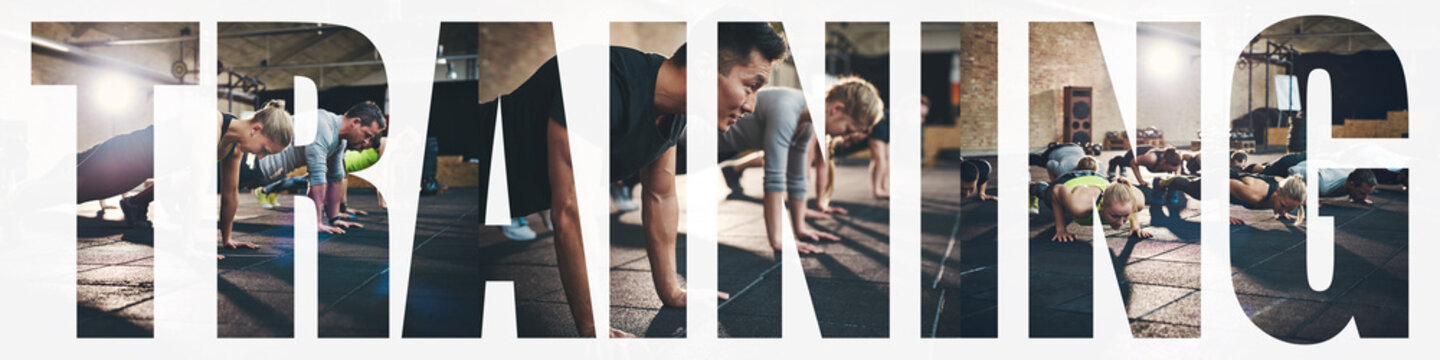 Collage of people doing pushups while training in a gym
