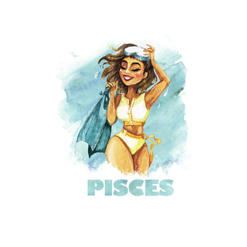 Zodiac sign - Pisces. Watercolor Illustration