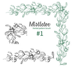 Set of hand drawn botanical sketch mistletoe branches. Vintage style. Traditional christmas decoration. For design holiday card, invitation, poster, banner