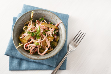 sausage salad (german wurstsalat) with onion, cheese and pickled gherkins in a rustic bowl, blue napkin, light background with copy space, high angle view from above