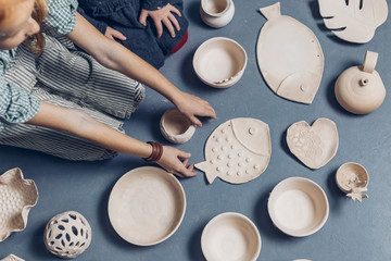 kids have made a clay projects at the studio. top view photo