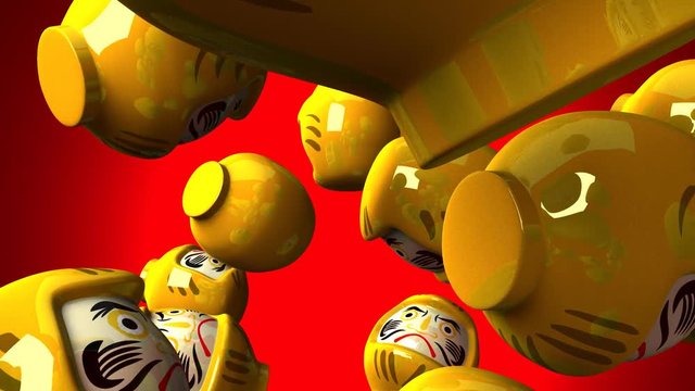 Yellow daruma dolls on red background.3DCG render animation.