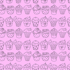 Seamless pattern with cupcakes on pink background.