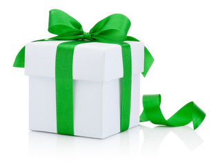 White gift box tied green ribbon bow Isolated on white background