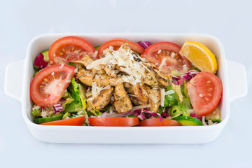 Deep fried mushroom salad with fresh mushroom, cheese and fresh vegetables with isolated black background
