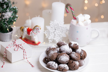 .Chocolate crinkle cookies baked fresh sprinkled with powdered sugar