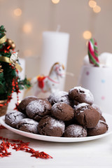 Fototapeta na wymiar .Chocolate crinkle cookies baked fresh sprinkled with powdered sugar