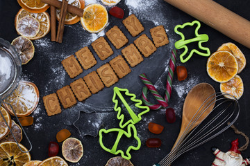 Baking concept background with spices and utensils for Christmas cookies