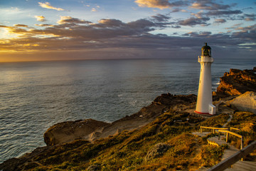 Travel New Zealand, North Island. Beautiful scenic landscape, panoramic view of Castlepoint Lighthouse. Tourist popular attraction/landmark in Wairarapa area.