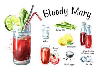 Cocktail with alcohol Bloody Mary ingredients set. Watercolor hand drawn illustration  isolated on white background - obrazy, fototapety, plakaty
