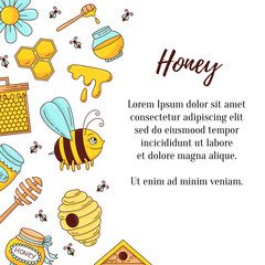 Honey bee vector banner template with  colorful cartoon icons
