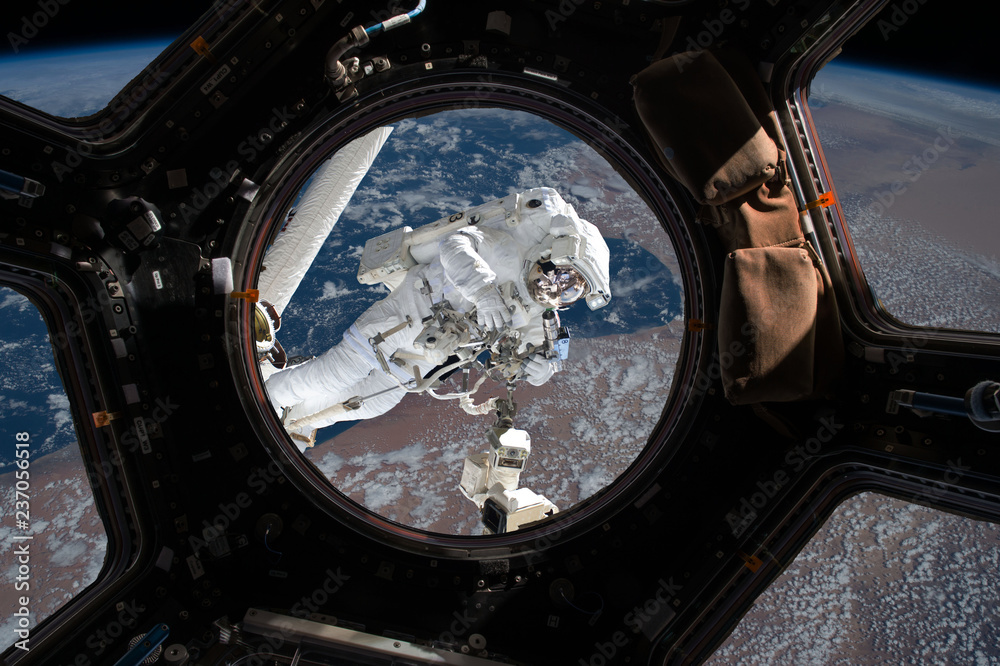 Canvas Prints astronaut spacewalk near the earth. view from the space ship illuminator. elements of this image fur