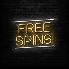 Vector realistic isolated neon sign of Free Spins logo for decoration and covering on the wall background. Concept of bonus and casino.