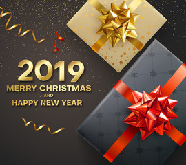 Merry Christmas and Happy New Year 2019 card with top view gifts and confetti.