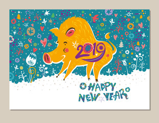 Beautiful New Years card with a cartoon yellow boar symbol of 2019 on the Chinese calendar. Year of the Pig 2019. Cute yellow pig on a bright motley holiday background. 
