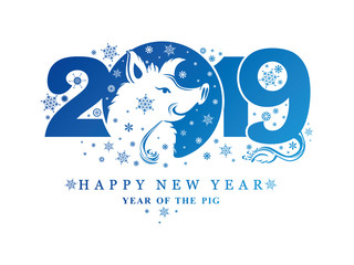 Year of the Pig. 2019. Blue New Year pattern 2019 and smiling boar head and snowflakes. Vector template New Year's design on the Chinese calendar. 