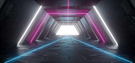 Futuristic Sci Fi Modern Retro Spaceship Club Stage  Dark Empty Concrete Corridor Tunnel With Neon Glowing Blue Pink White Purple Lights Tiled Floor 3D Rendering