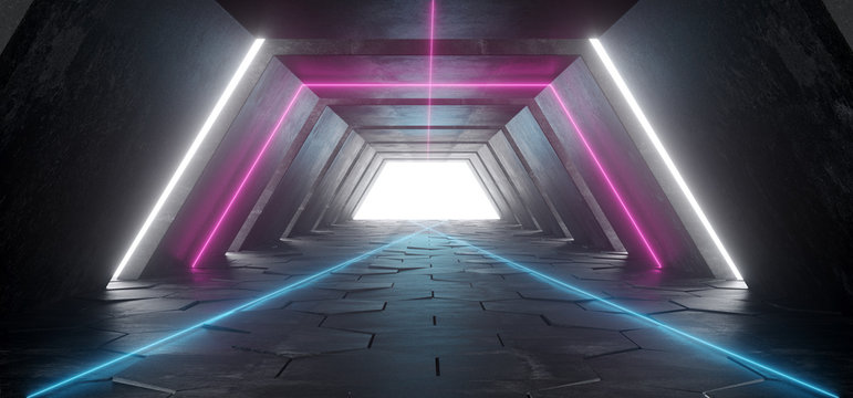 Futuristic Sci Fi Modern Retro Spaceship Club Stage Dark Empty Concrete Corridor Tunnel With Neon Glowing Blue Pink White Purple Lights Tiled Floor 3D Rendering © IM_VISUALS