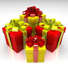 3d gift box with red ribbon and bow isolated on white