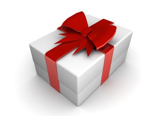 3d box with red bow isolated on white background