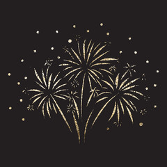 Firework glitter gold foil vector illustration isolated. Metallic shiny firework on black background. Greeting card, Happy New Year celebration, anniversary, festival, party, July, invitation, poster