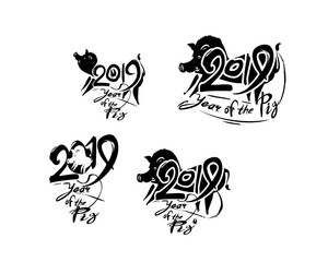 Boar 2019. Pig 2019. Set of four handwritten templates with the inscription and pig. Imitation of painting with brush and ink. New Year on the Chinese calendar.
