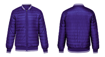 Blank template purple jacket bomber with white stripe, front and back view isolated on white...