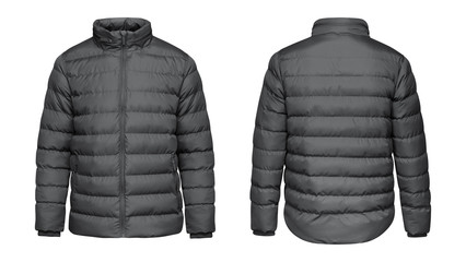 Blank template grey down jacket with zipped, front and back view isolated on white background....