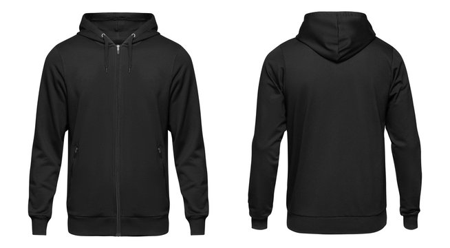 Blank black male hooded sweatshirt long sleeve, mens hoody with zipped for your design mockup for print, isolated on white background. Template sport winter clothes