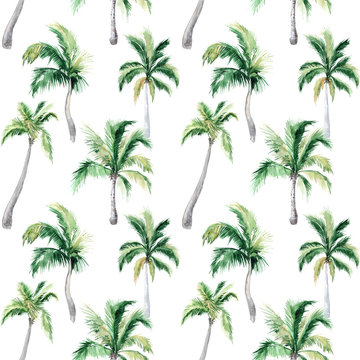 Watercolor seamless pattern with palm trees. Summer decoration print for wrapping, wallpaper, fabric.