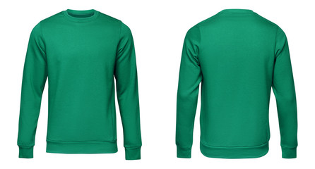 Blank template mens green sweatshirt long sleeve, front and back view, isolated on white background...