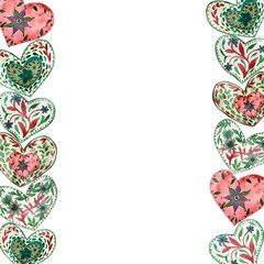 Watercolor banner of multicolored hearts, with unusual pattern isolated on white background with blue flower and green leaves, hand painted for beautiful design for Valentine's day and new year.