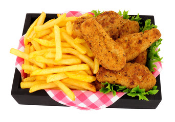 Southern fried chicken fillets and potato French Fries in a black box isolated on a white background
