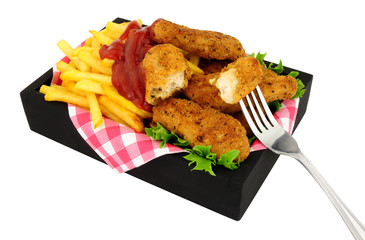 Southern fried chicken fillets and potato French Fries in a black box isolated on a white background