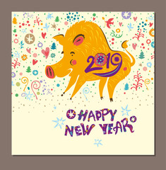 Beautiful New Years card with a cartoon yellow boar symbol of 2019 on the Chinese calendar. Year of the Pig 2019. Cute yellow pig on a bright motley holiday background.