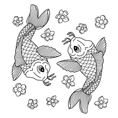 Koi carp. Traditional japonese tattoo. Flash tattoo. Illustration to adult coloring book.