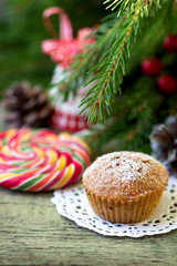Christmas cupcake on the Christmas table.