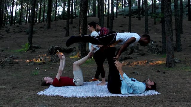 Multi ethnic group of yogis practicing acro yoga in pine trees forest park. Young people training balance postures outdoors in nature. Healthy lifestyle, equilibrium concepts